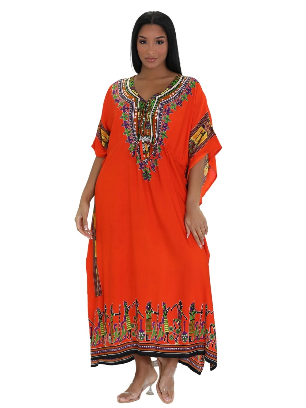 Advance Apparels Orange Embroidered Maxi Dress with Multicolor Trim